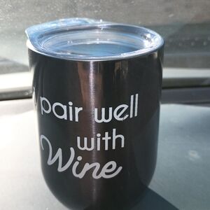 16oz"I PAIR WELL WITH WINE" Stainless steel cup w plastic lid metallic champagne